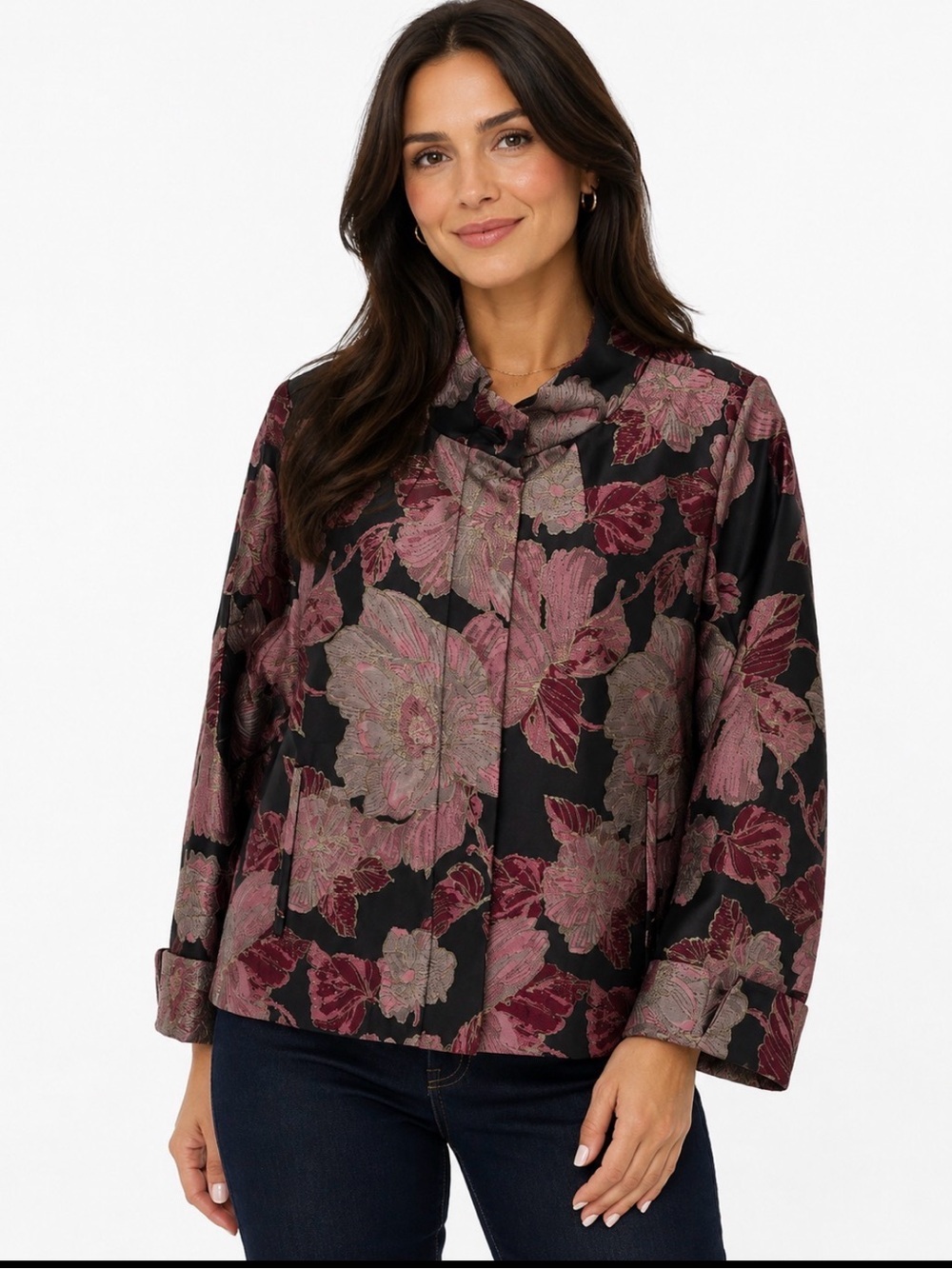 Chico’s Women’s Jacquard Metallic Thread Floral Jacket Coat Black/Pink Chico’s 1